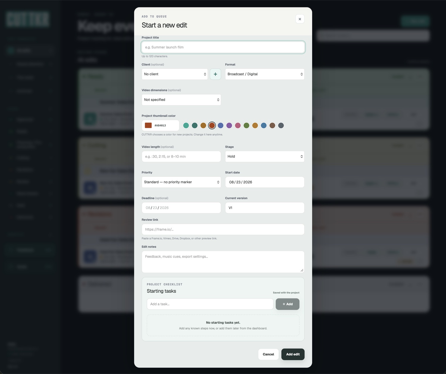 CUTTKR new video edit form with client, format, dimensions, stage, schedule, notes, and task fields