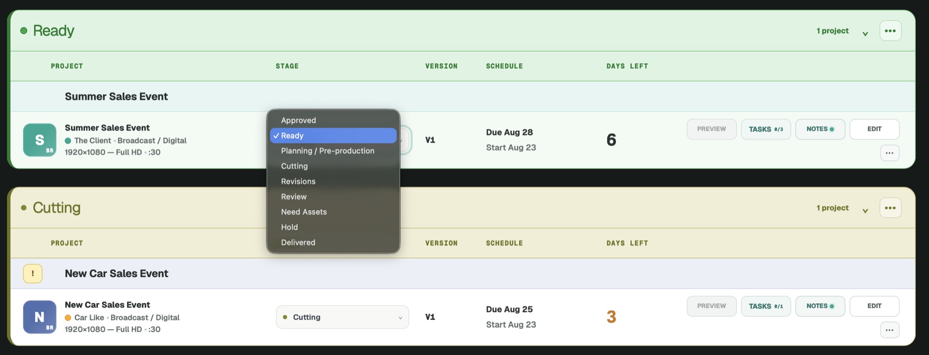 CUTTKR project dashboard showing Ready and Cutting stages with an editorial stage selector