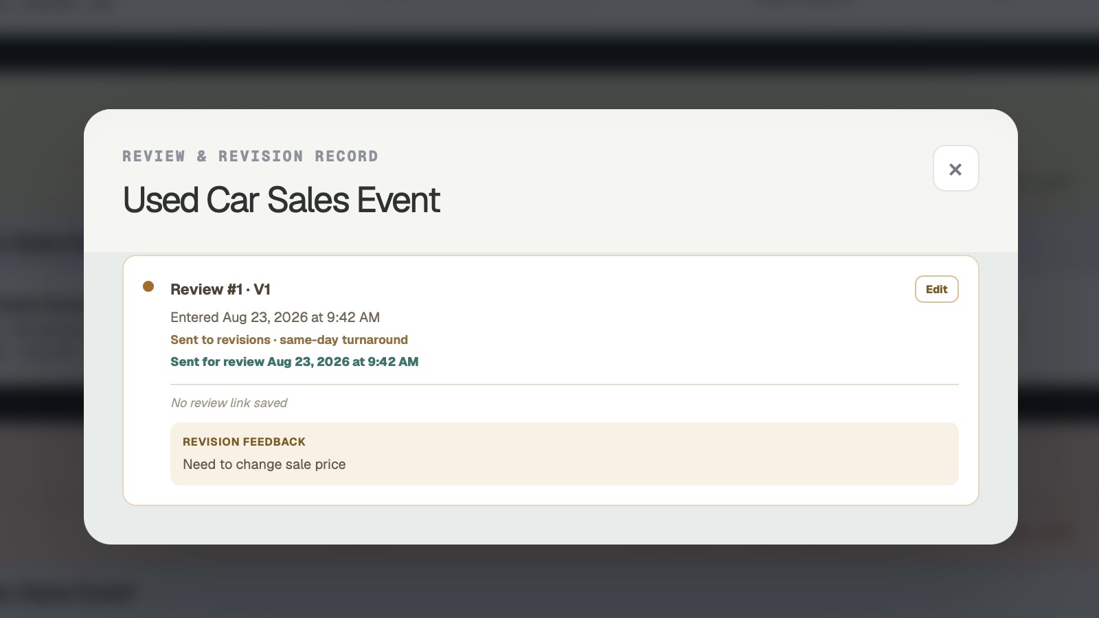 CUTTKR review and revision record showing a version, review date, status, and revision feedback
